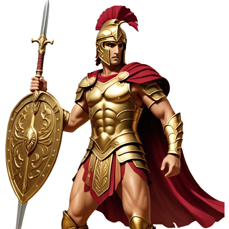 Cinematic-realistic Achilles, the unstoppable Greek warrior, standing fearlessly on the battlefield of Troy. His golden armor gleams under the scorching sun, each intricate engraving telling tales of his past glories. His piercing gaze locks onto his foe, his grip tightening around his ornate bronze sword as his crimson cape billows behind him. The dust swirls at his feet, the echoes of clashing weapons and distant war cries surrounding him, the essence of an immortal legend in motion. emoji