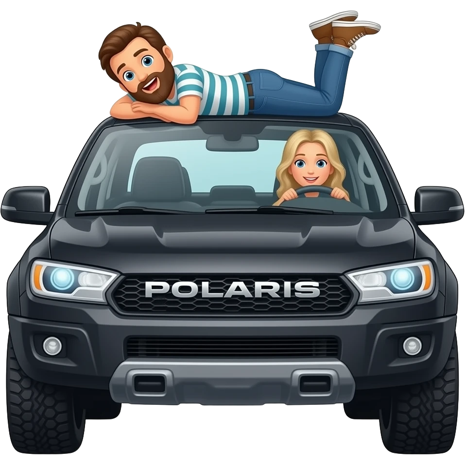 Black 4 door sxs Polaris ranger dad with beard laying on top being silly and blonde long hair mom driving emoji