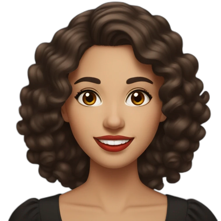 young moroccan woman with dark brown eyes, brown long curling hair with lighter tips, red lips, big smile, black dress emoji
