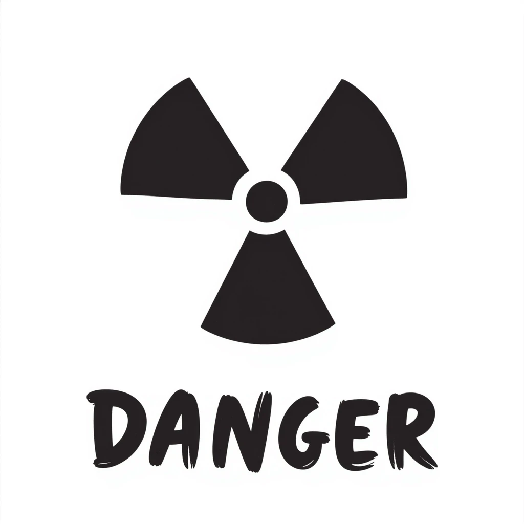 Hand-drawn radiation warning trefoil symbol with hazard text emoji