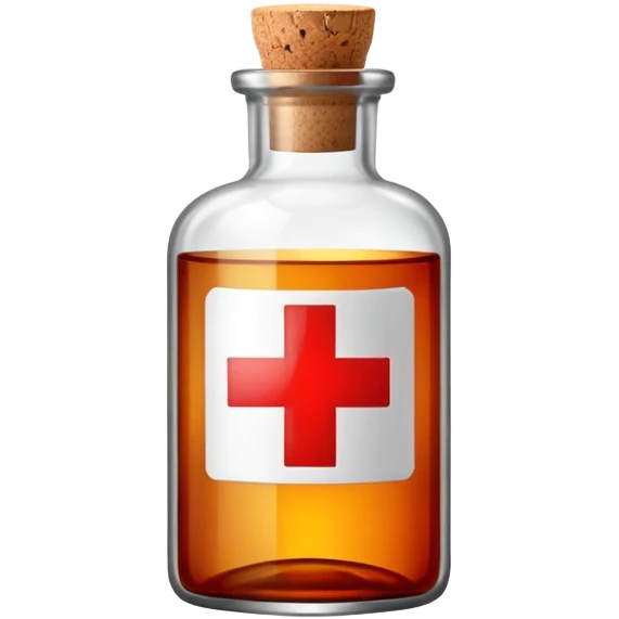 A glass medicine bottle with a cork top and red cross label emoji