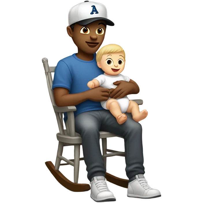 Young white man in unlabeled baseball hat rocking a white infant baby in puffy grey rocker  emoji