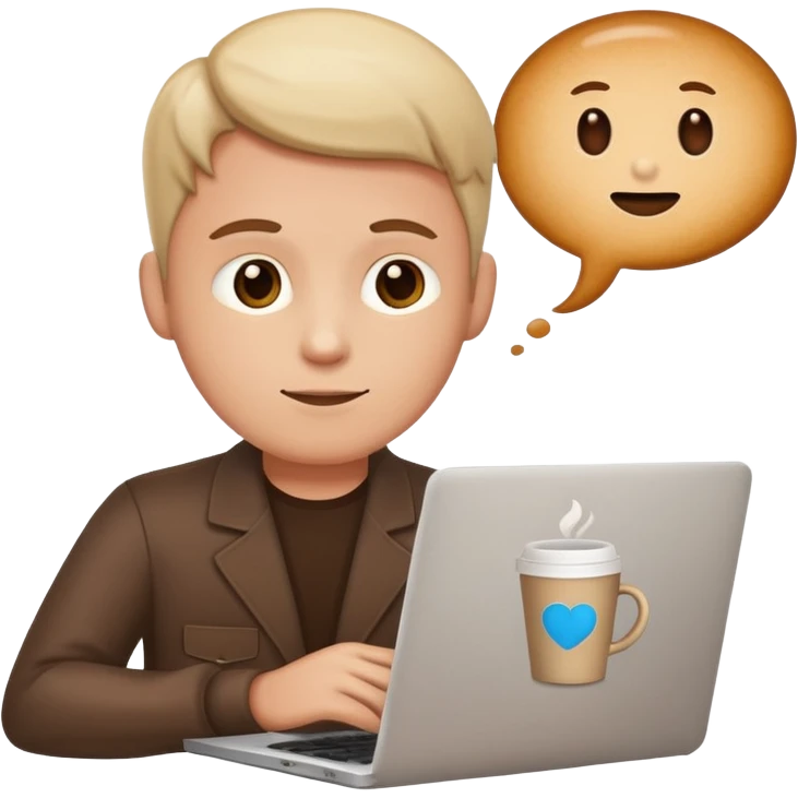 programmer emoji with laptop, with a thought bubble containing a coffee cup emoji