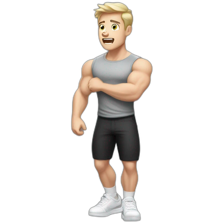 amazed Open with surprise mouth Pale skinned Fit Man With the biceps and dark brown hair in black shirt, gray sports shorts and white Sneakers emoji