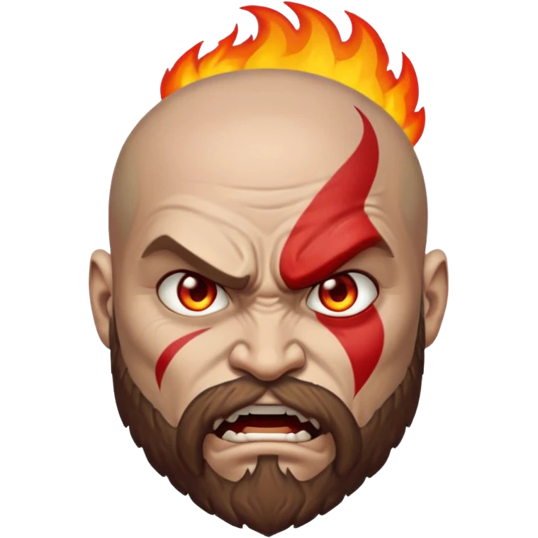 A custom emoji design of "Kratos" from "God of War", "Rage mode with fire eyes", "Apple Emoji Style", isolated on white background, clean lines, high quality sticker style, vector graphics, minimalistic emoji