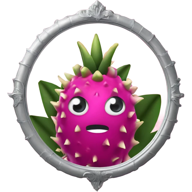 3D elegant Pitahaya with large shiny eyes 👀 one hand holds the mirror with its reflection 🪞 emoji