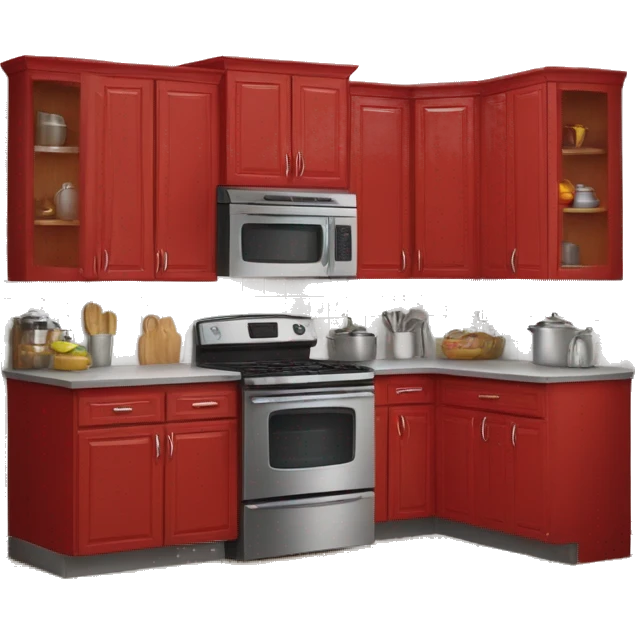 Realistic front facing red hanging kitchen cabinets and counter.  emoji