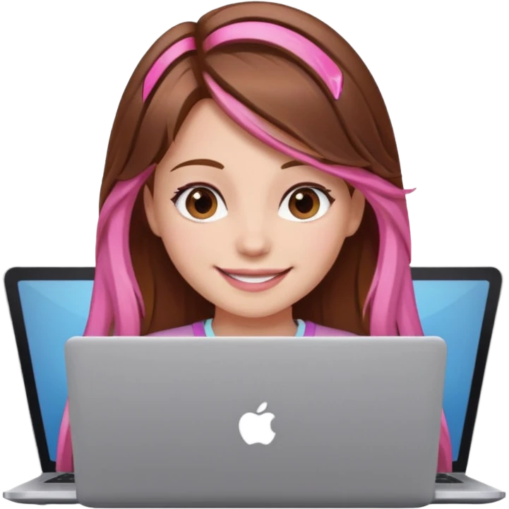 Make an apple emoji of a girl with brown hair that has pink strands of hair with her face behind a laptop screen facing her. emoji