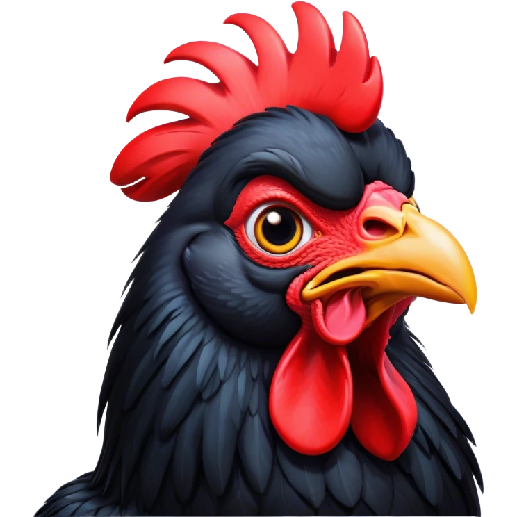Cinematic Comical Black Rooster Portrait Emoji, Head tilted dramatically with an exaggeratedly shocked or amused expression, featuring a striking pure black plumage with a bold red comb, wide, expressive eyes filled with playful disbelief, Simplified yet hilariously expressive features, highly detailed, glowing with a slightly sassy glow, high shine, dramatic yet playful, stylized with an air of cheeky mischief, bright and endearing, soft glowing outline, capturing the essence of a spirited and over-the-top rooster, so meme-worthy it feels like it could crow its way into internet fame instantly! emoji