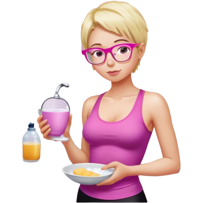 Intimate, Curvy fair and freckled skinned woman, short blond hair, small light purple reading glasses, washing dishes, short flowing sheer hot pink tank top, without undergarments SFW, black yoga pants, thick booty emoji