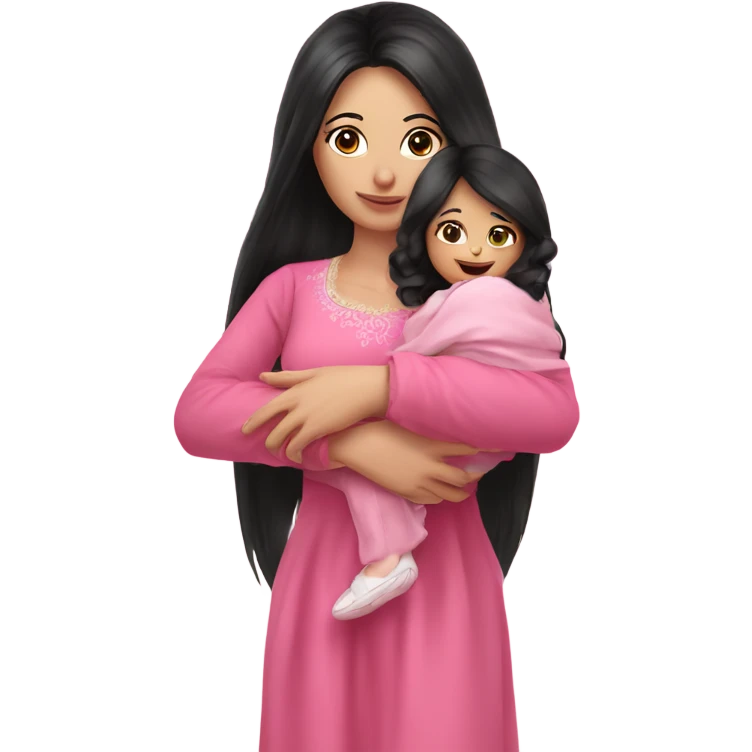 Beautiful Russian lady very long black hair pink clothes holding baby  emoji