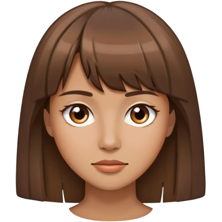 She has a tan complexion, straight brown hair that falls just below her shoulders, and she has bangs framing her face. emoji