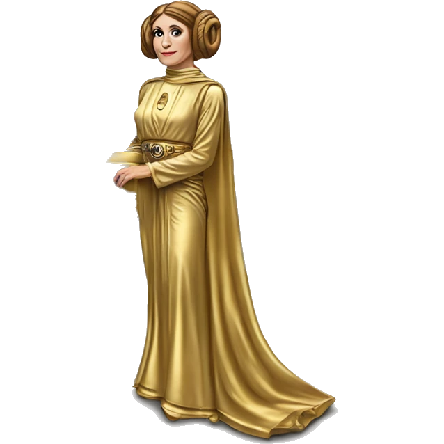 Side view of 1976 very very long 40 foot long mail delivery truck shaped like Princess Leia in gold outfit shaped emoji
