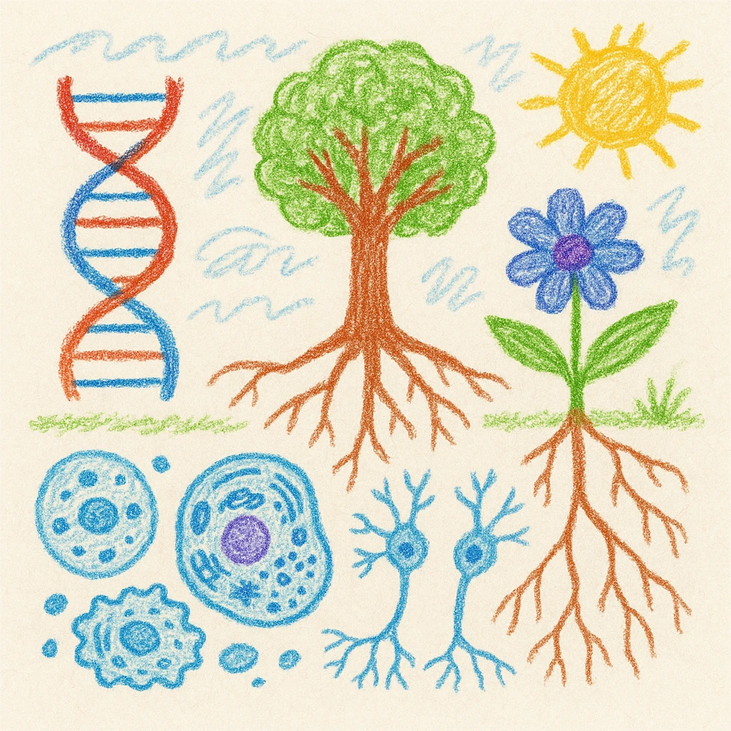 A realistic biological illustration (like in a school book) showing: DNA strands transitioning into a tree, cells with visible organelles, neurons connected to plant roots  and a balanced ecosystem background . Seamless integration, no labels or borders, white or transparent background, detailed but minimalist.  emoji