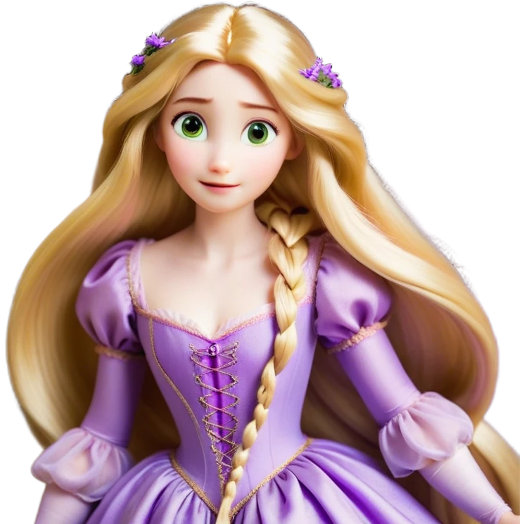 Cinematic Realistic Rapunzel Portrait, with porcelain-like skin featuring a subtle, natural glow, illuminated by soft lighting that brings out the gentle contours of her face. Her long, golden blonde hair cascades in detailed waves, each strand highlighted with a radiant shimmer as it catches the light. Her bright, expressive green eyes exude curiosity and warmth, framed by delicate lashes and soft, arched brows. Her expression is playful and vibrant, with a gentle smile. She is dressed in her classic lavender and pink gown, the fabric textured with delicate folds that flow naturally, catching the light with a soft, radiant glow. The portrait captures a luminous, enchanting aura, seamlessly blending realism with a whimsical, fairytale charm, evoking a timeless sense of beauty and magic. emoji