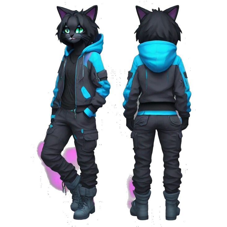 Edgy Anthro cool pretty colorful dark cat-fursona techwear cargo pants hoodie emoji