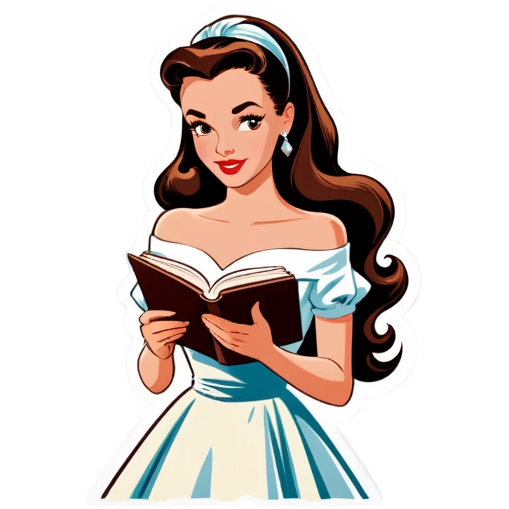 Beautiful woman in 1950’s woman fashion look, off-shoulder white dress, long dark brown hair, reading  emoji