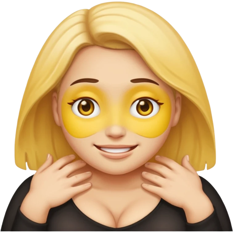 An ashamed, smiling yellow face emoji with huge breasts in front. emoji