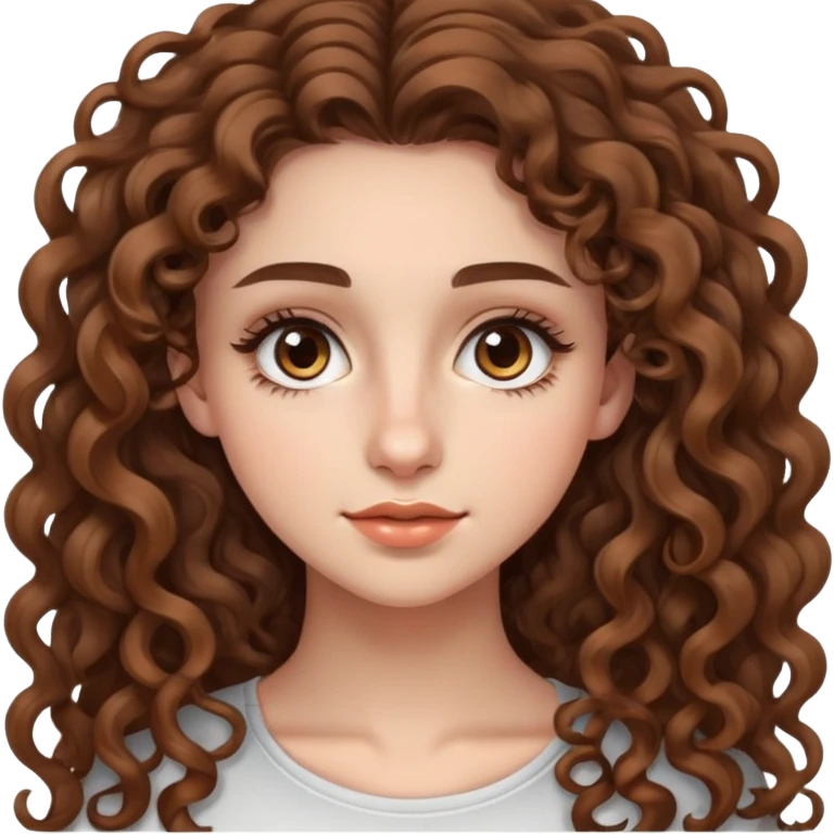 20-year-old woman with long curly brown hair, small hazel eyes, long eyelashes emoji