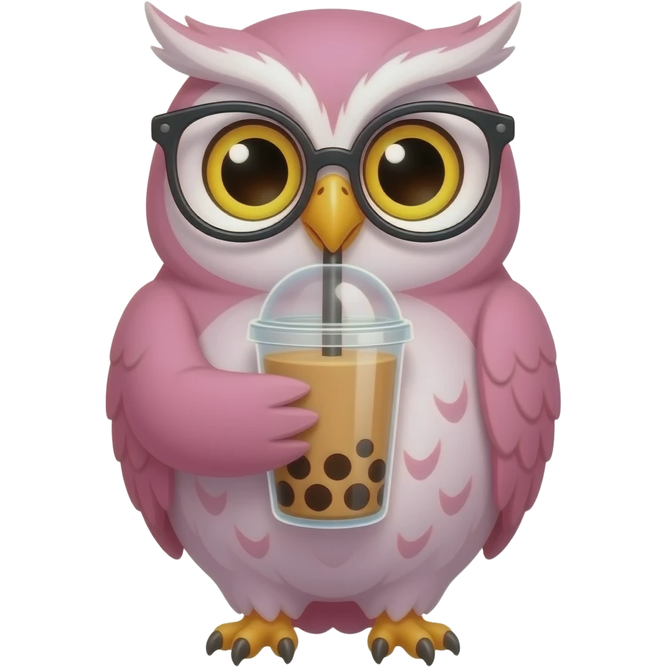 Bubble tea drinking female pink owl wearing glasses anime style cute emoji