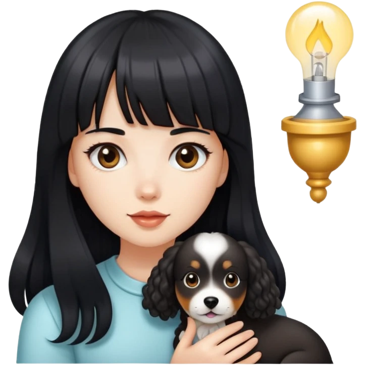 A beautiful girl with long straight black hair and bangs holding a light-colored curly dog emoji