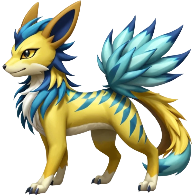 Feral Scaly Striking Slaying Badass Evil Handsome Lightning-patterned Zig-zagged buzzy fuzzy Meloetta-Renamon-Zeraora-Luxray-Cobalion-Suicune-Vernid-fusion-hybrid-creature, full body  emoji