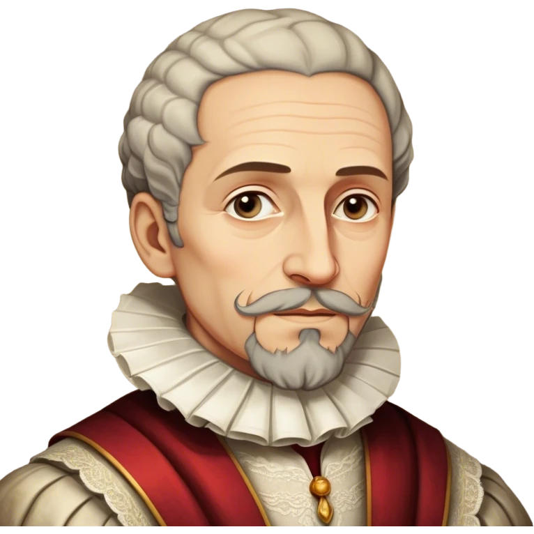Cinematic Realistic Miguel de Cervantes Portrait Emoji, depicted as a wise thoughtful literary figure in period attire with a reflective gaze, rendered with detailed textures and soft historical lighting that captures his enduring literary legacy. emoji