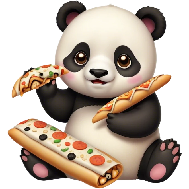 create an emoji of a cute little panda eating Japanese rolls and Italian pizza with stretchy cheese emoji