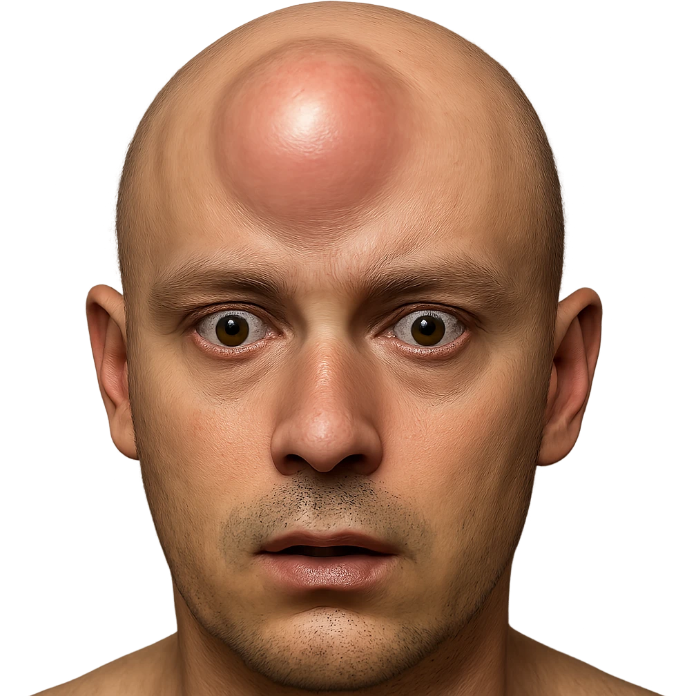 Make the lump on the person's forehead much larger. Keep the transparent background. The style is realistic and detailed as in the reference image. emoji
