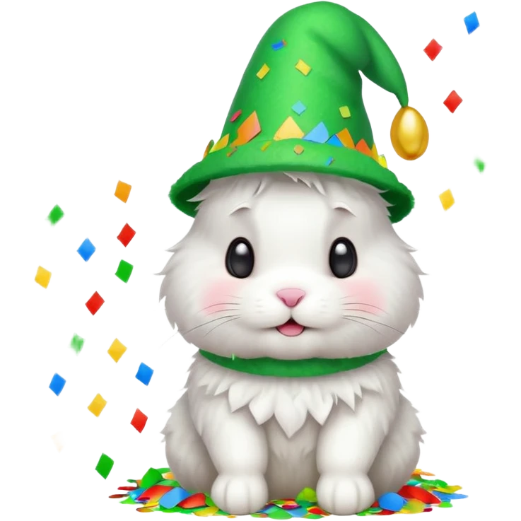 Rabbit in Green Party Hat – white bunny with cone party hat and confetti. emoji