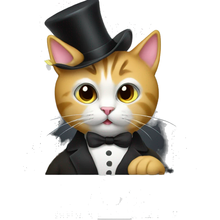 Cat writing code on a MacBook with a top hat emoji