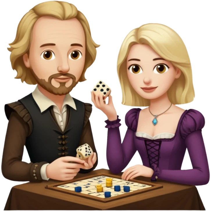 Can you make an emoji of William Shakespeare and Anne Hathaway (his wife-1582) playing Yahtzee. She needs to be blonde!  emoji