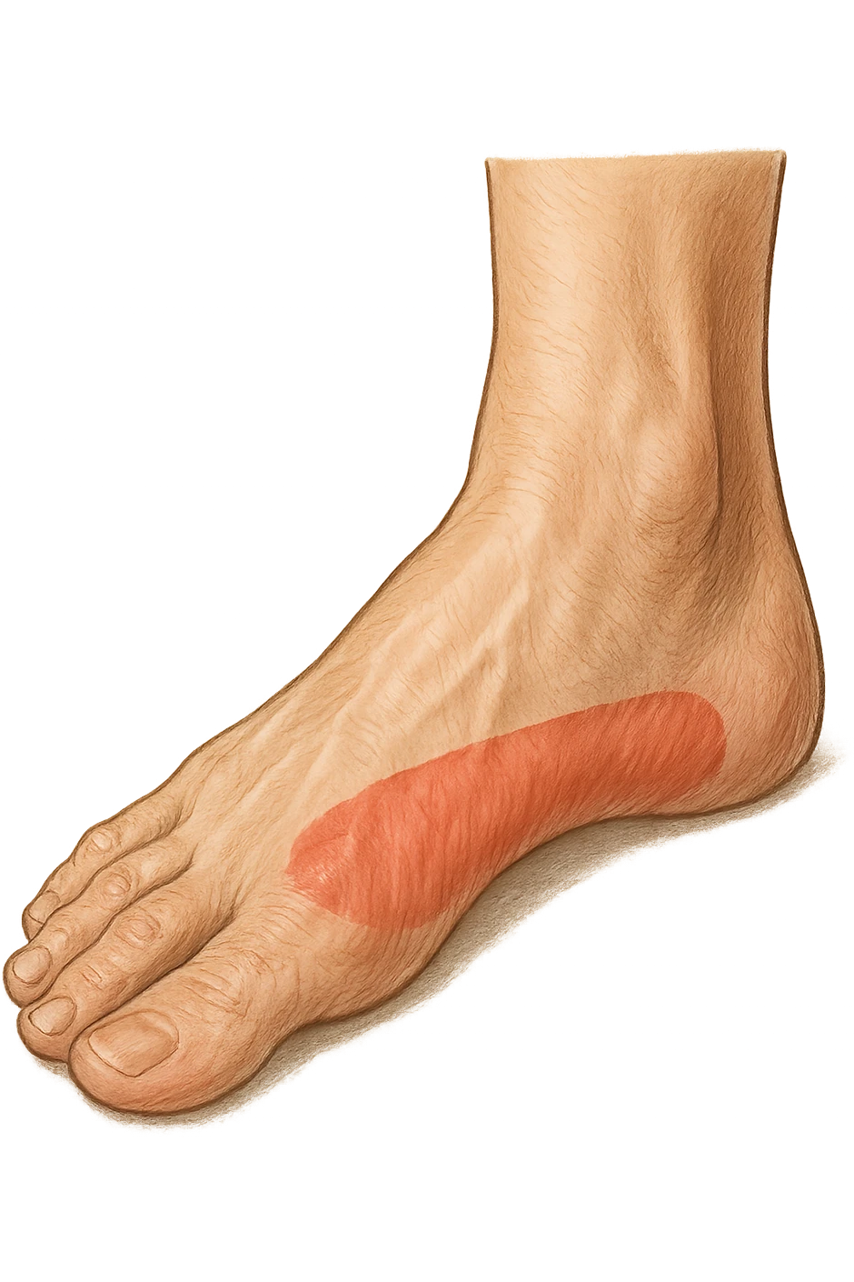 spazio dall'avampiede al tallone umano sottolineato in rosso, fai l'arto umano anatomico realistico con evidenza su quel tratto emoji