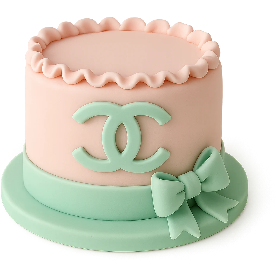 Chanel logo cake in pastel pink and mint green, elegant and delicate, fondant cake art style emoji