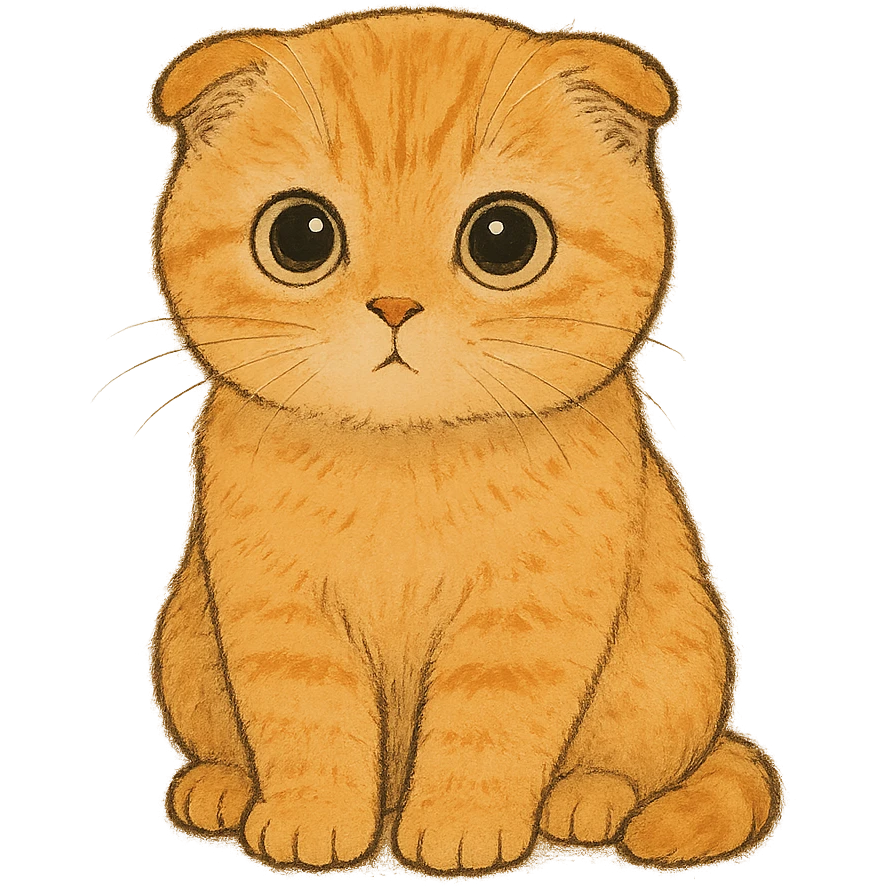orange scottish fold kitten sitting, round innocent eyes emoji