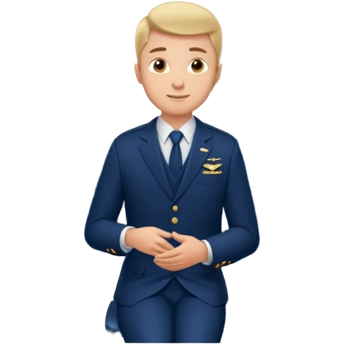 A  male courteous flight attendant checking seat rows with a polite, attentive posture. emoji