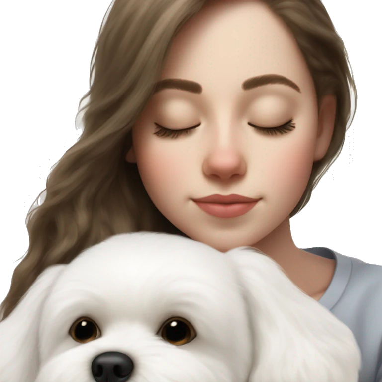 White dog Bichon Frise sleeping on brunette white girl's lap emoji