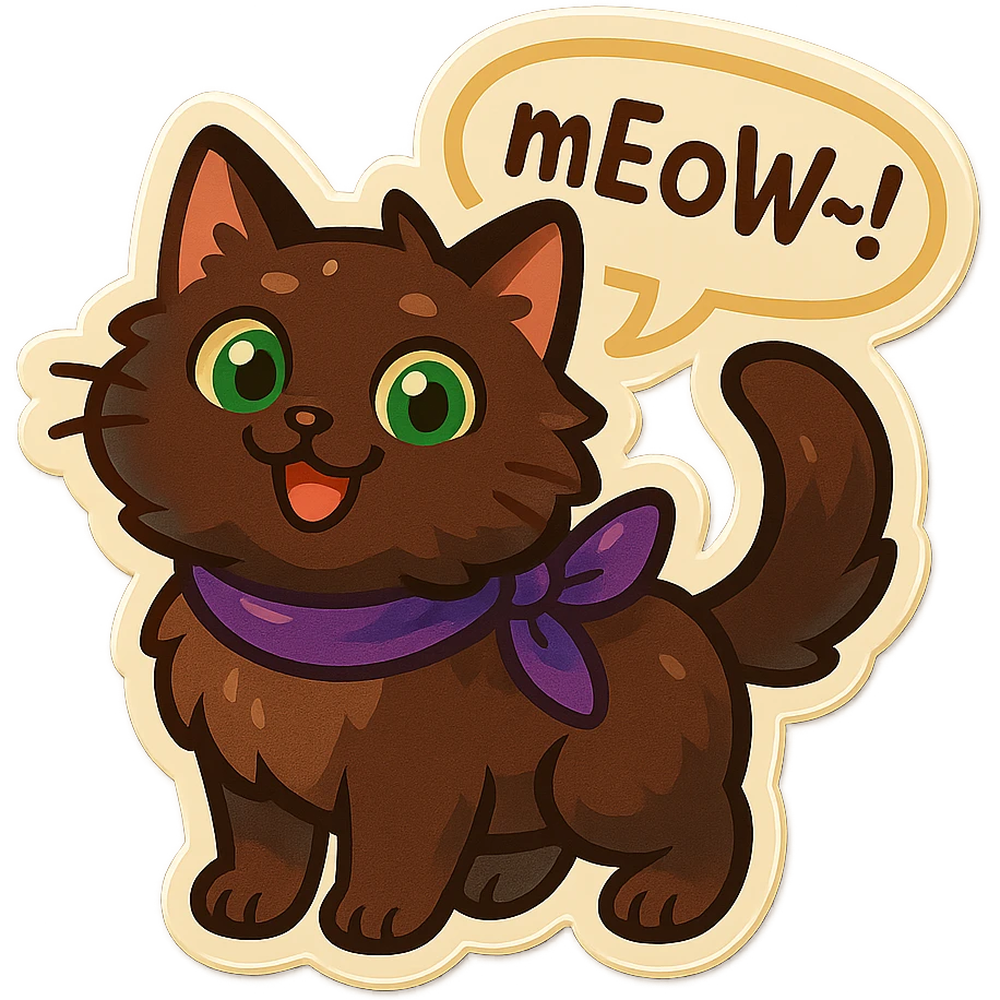 Fluffy cute derpy silly smiling happy dark-brown cat with green eyes and a purple scarf saying ‘mEoW~!’ (With a speech bubble) emoji