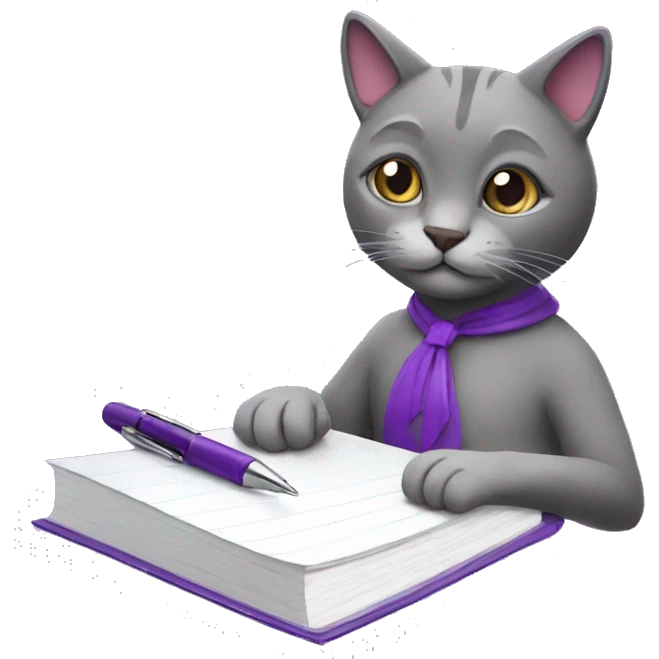 Purple humanised Cat with a notebook and pen emoji