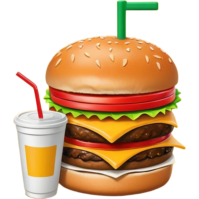 A clean and simple icon of fast food in emoji-style illustration. A burger with fries and a soda cup, bright and bold colors, simple shapes, flat design, high contrast, inviting and appetizing. emoji