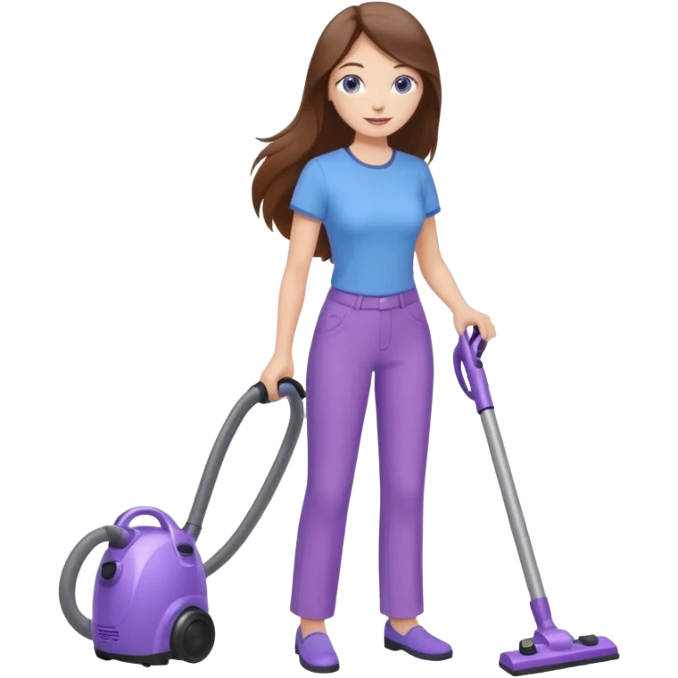 beautiful girl with long brown hair, blue eyes and wearing light purple clothes, cleaning and vacuuming emoji
