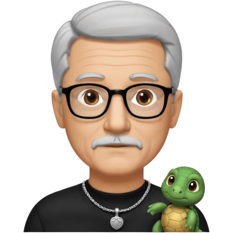 Tony Barceló is a strong, lively man in his 70s with short, neatly combed gray hair and a trimmed goatee. He has a broad face, square glasses, and a confident presence. He wears a black outfit with a silver turtle necklace, reflecting his thoughtful, creative energy as a writer. emoji