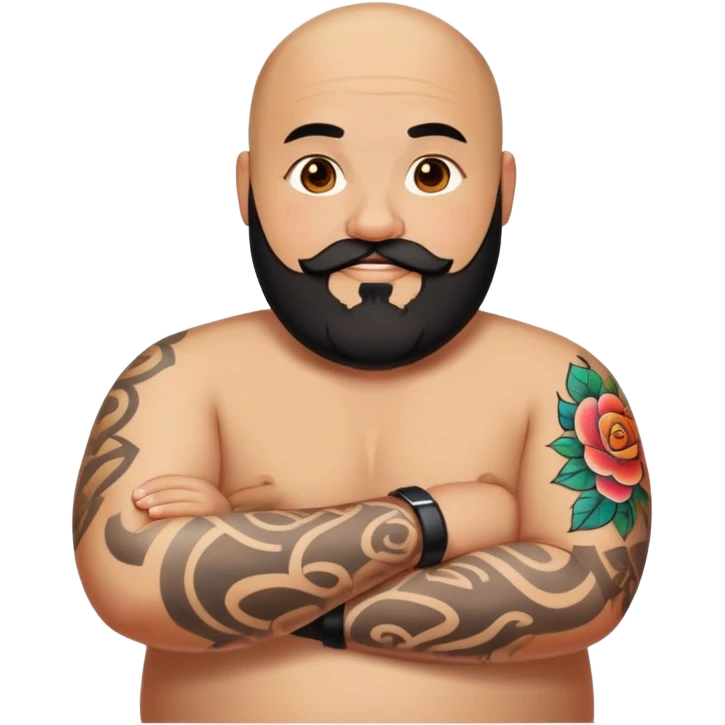 Fat Bald man with black beard saying hi with only one colorful tattoo on forearm  emoji