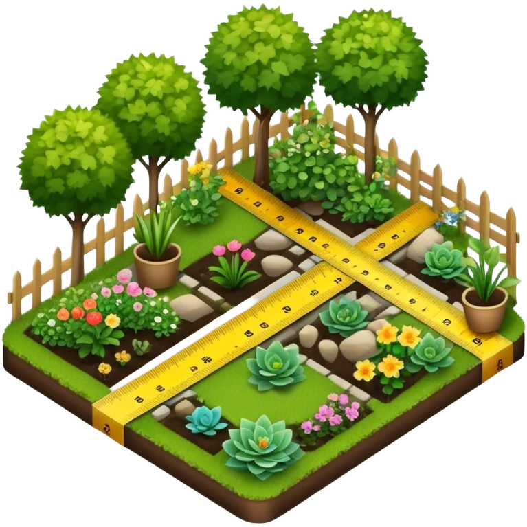 Icon for Landscape Design: a garden layout with plants, trees, paths, and design tools like a ruler, pencil and measuring tape. The icon should represent creativity in outdoor space planning and gardening. Transparent background. emoji