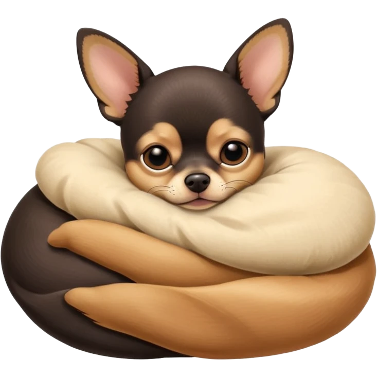 A high-resolution photo-realistic digital illustration of a cute black and tan chihuahua with big eyes shut sleeping lazily. emoji
