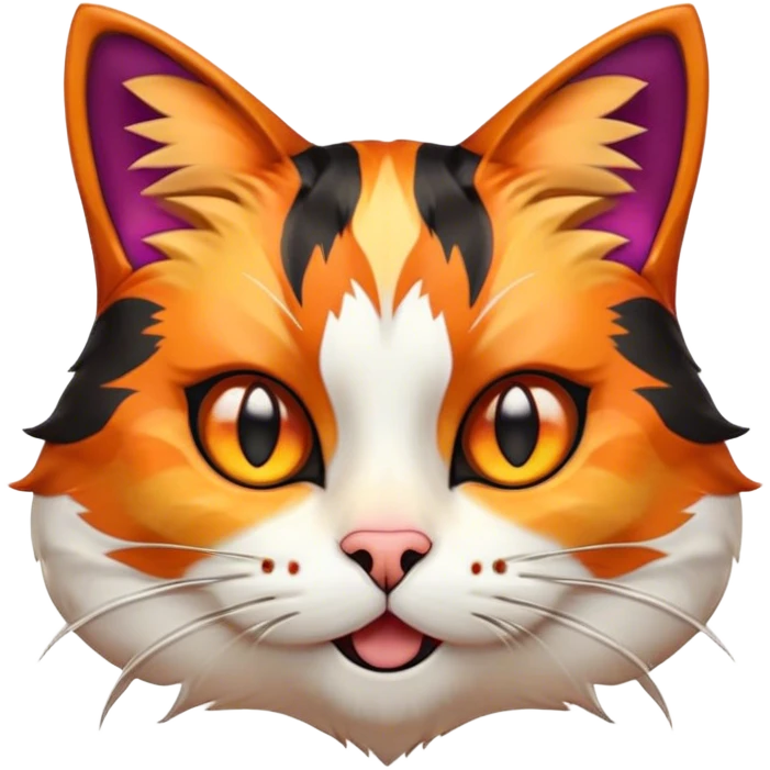 Cinematic Comical Calico Cat Portrait Emoji, Head tilted dramatically with an exaggeratedly surprised expression, showcasing a vibrant patchwork fur of orange, black, and white with wide, comically expressive eyes, simplified yet hilariously detailed, glowing with a sassy, golden radiance, high shine, exuding playful mischief and cheeky feline attitude, styled with a soft glowing outline, capturing the essence of a calico cat that looks ready to leap off the screen with mischievous flair! emoji