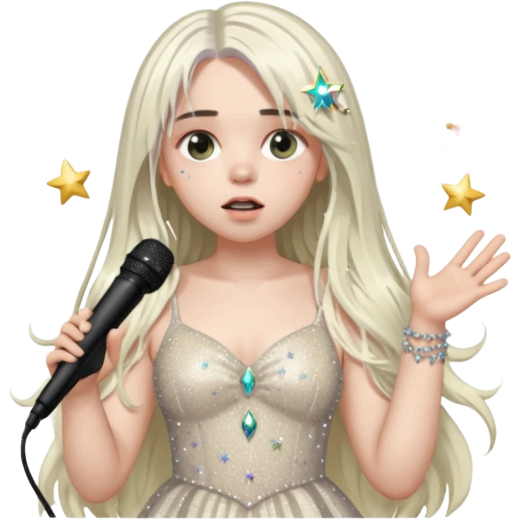 billie eilish is singing, 2 hands holding mirco and twinkle dresss, white long hair emoji