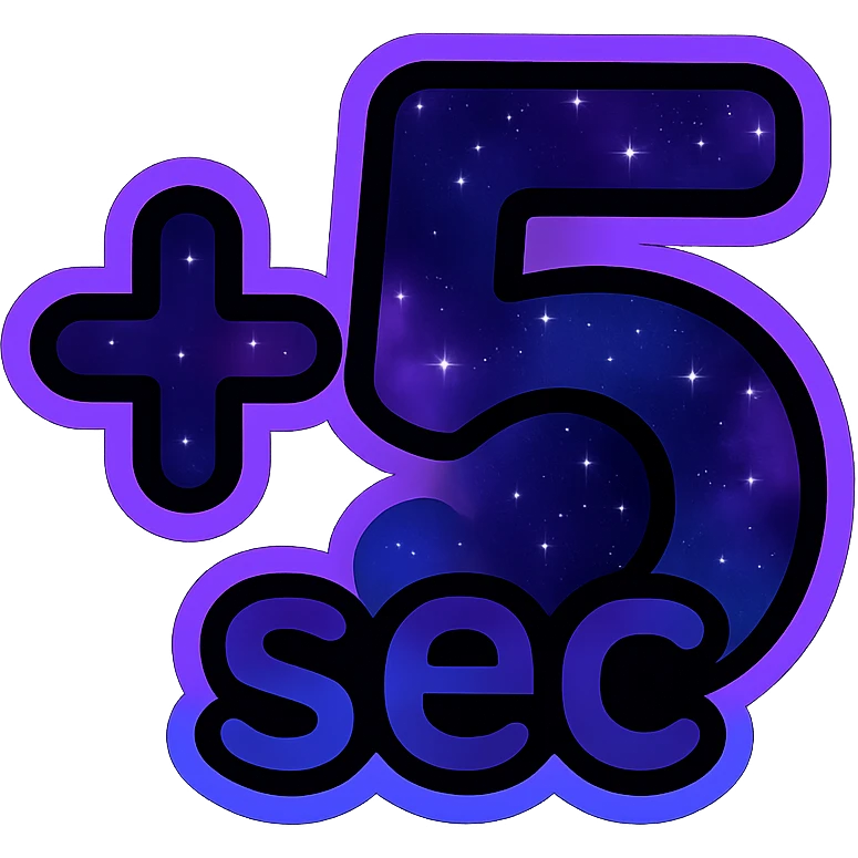 +5 sec icon, modern clean plus and 5 with neon border and glowing effect, dark purples blues blacks base, nebula gradients, small bright stars, specular highlights, luminous look emoji