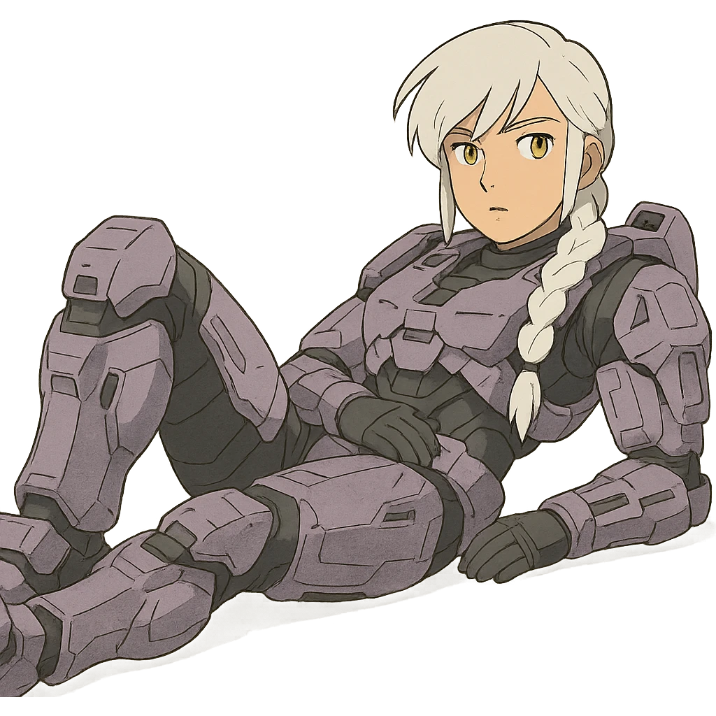 female, wearing reach spartan armor shoulder-unequip, long white braid hair with massive messy front side single bangs, gold yellow eyes, attention pose, HALO:series, no helmet, the armor is lavender color scheme, laying back and relaxing flat on the ground emoji