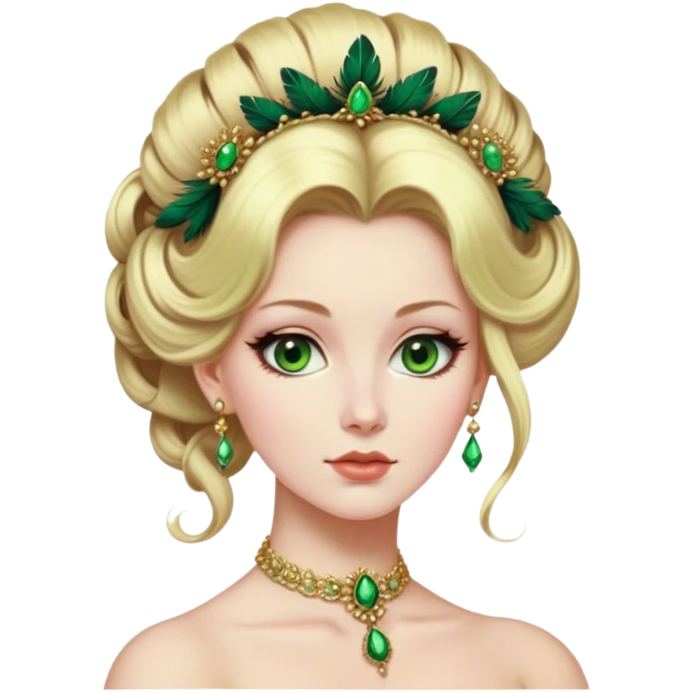 lady with Pale complexion, sharp features, high cheekbones, Blonde hair, green eyes, feathered ornaments, Regency-era elaborate updo with voluminous hairstyle emoji